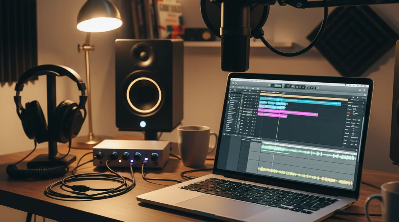 Home studio recording setup with microphone and video editing software visible