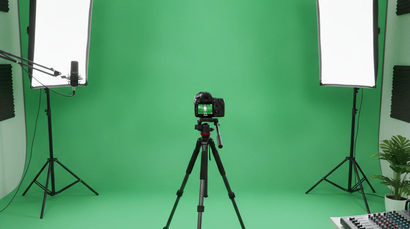 Home studio green screen setup with softbox lights and camera on tripod