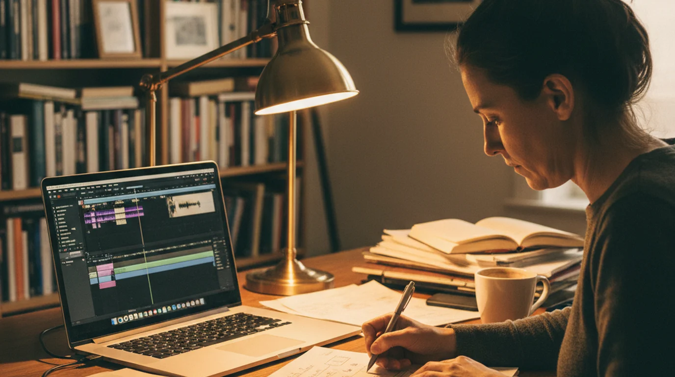 Creator writing a video essay script at desk