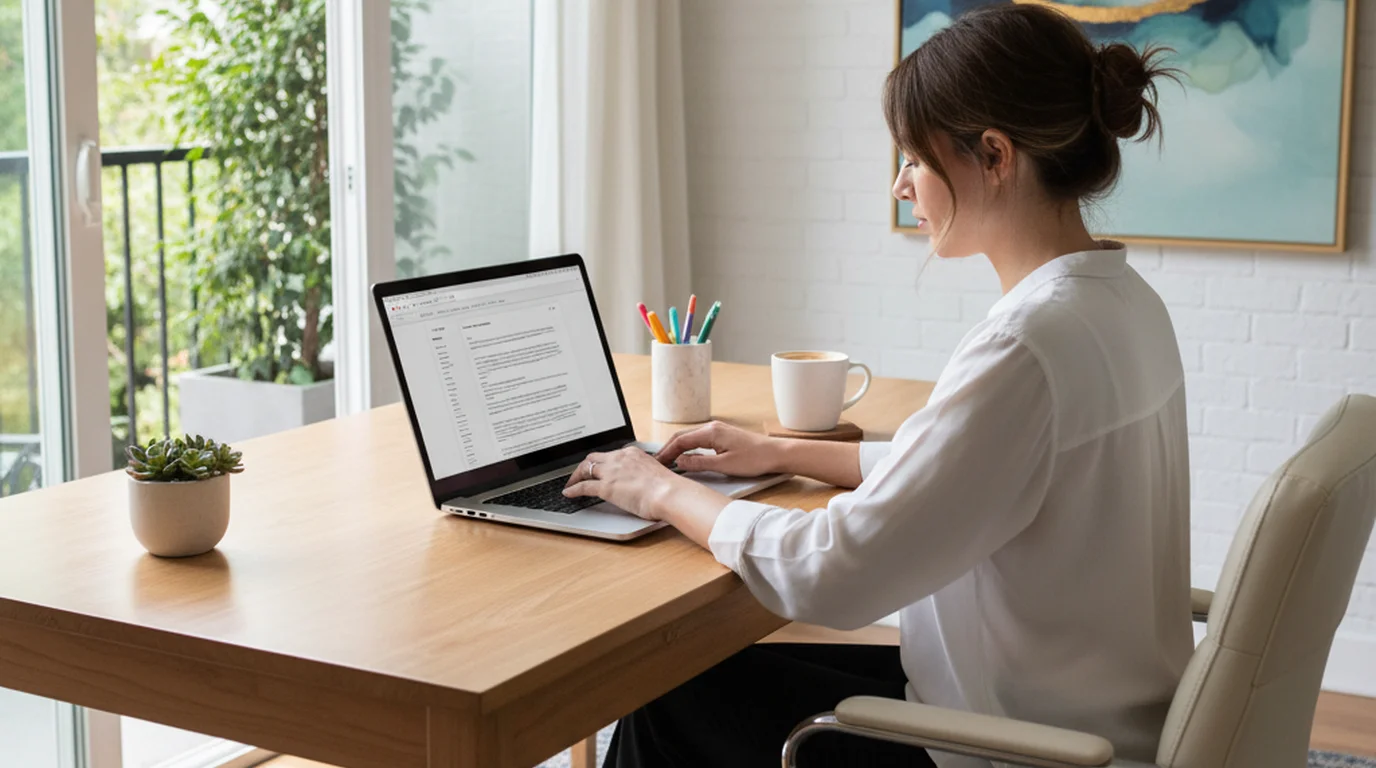 Woman typing on laptop at bright desk with script document on screen