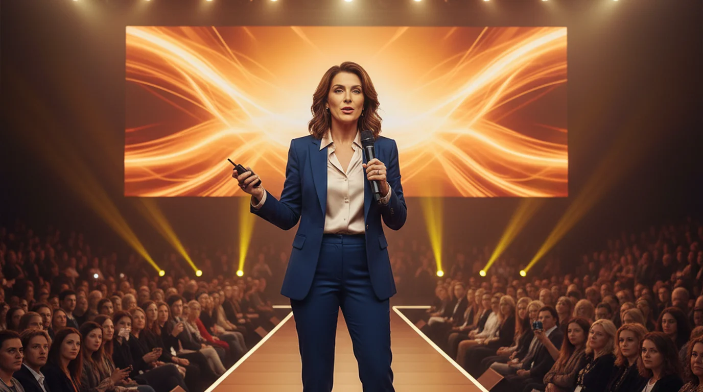 Motivational speaker on stage delivering a keynote presentation