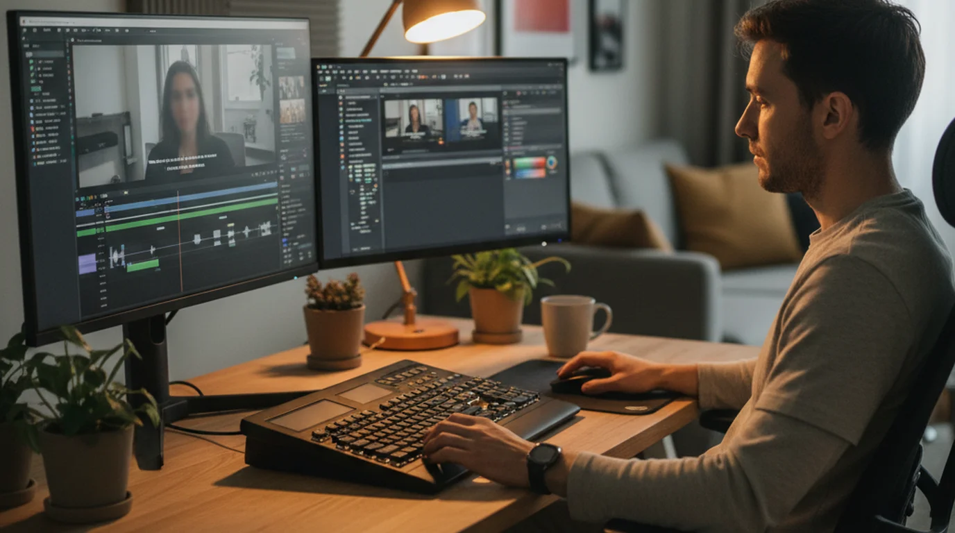 Video editor adding captions on dual monitor editing setup