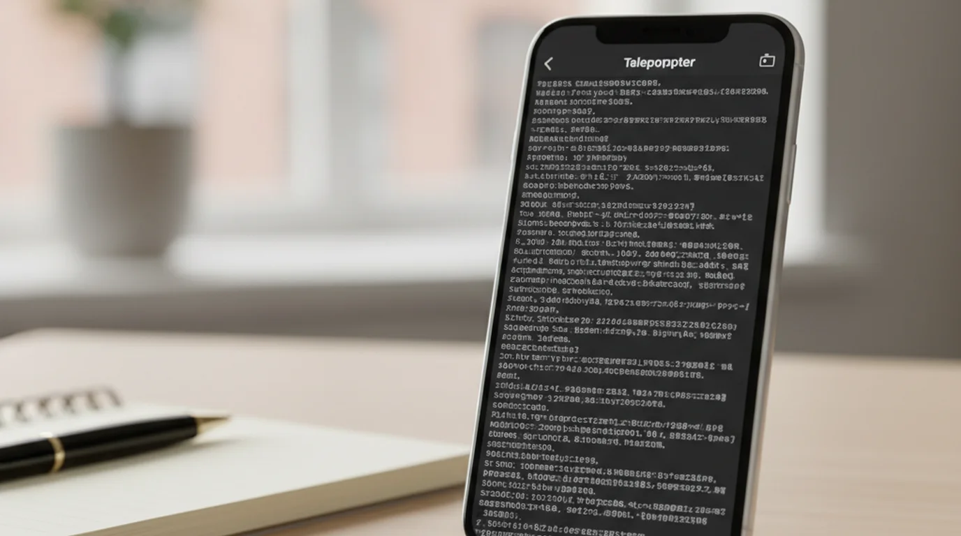 Close-up of iPhone displaying teleprompter app with scrolling text