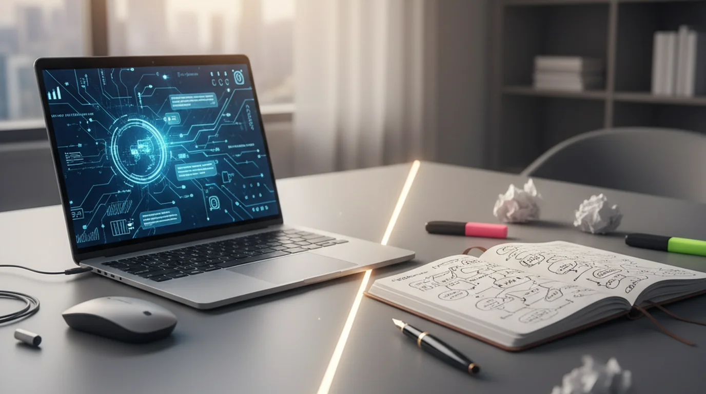 Desk split between laptop with AI interface and open handwritten notebook