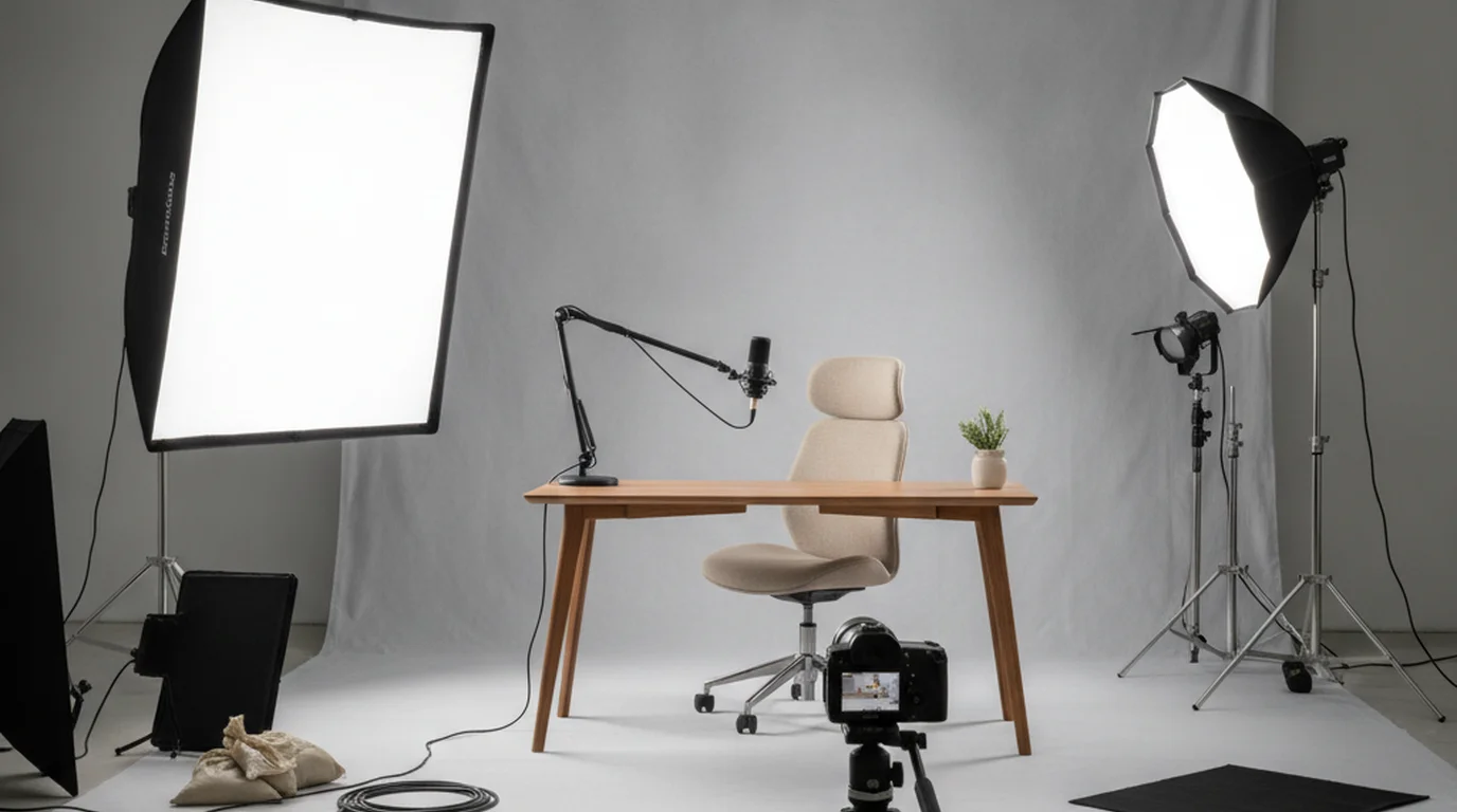 Home studio setup with large softbox lighting a presenter recording area
