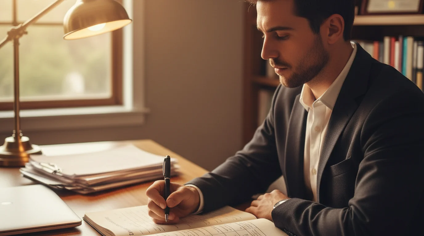 Person writing a structured speech outline on notepad at desk