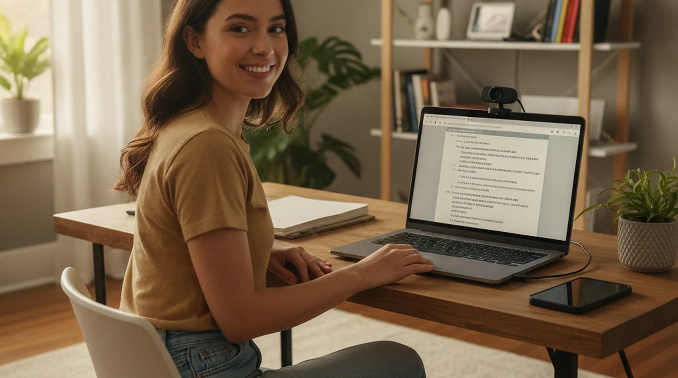 Content creator at desk with laptop showing online teleprompter in browser