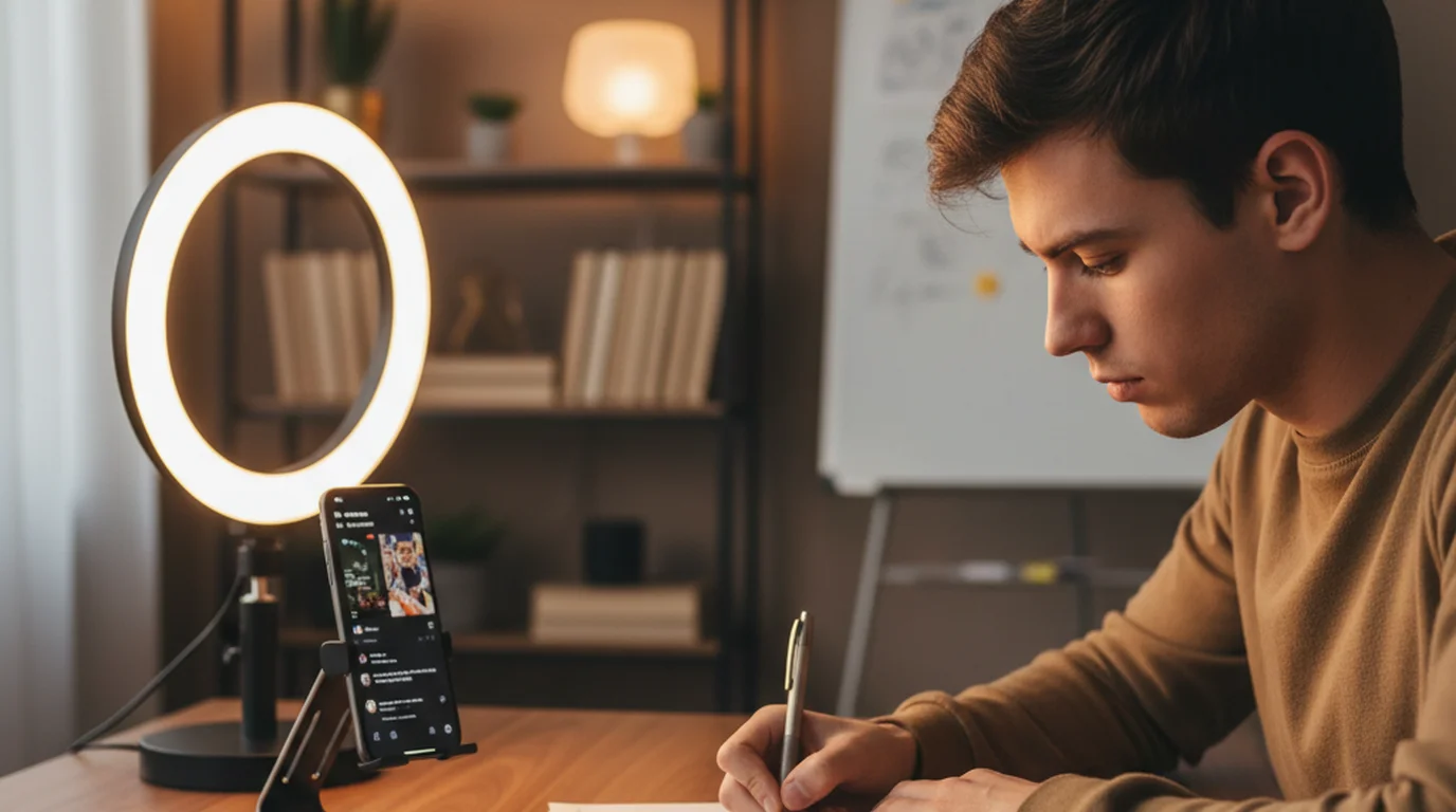 Content creator writing a TikTok script at a desk with ring light setup
