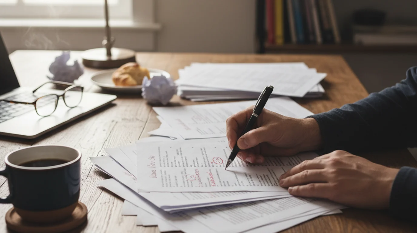 Person reviewing video script pages with pen at desk