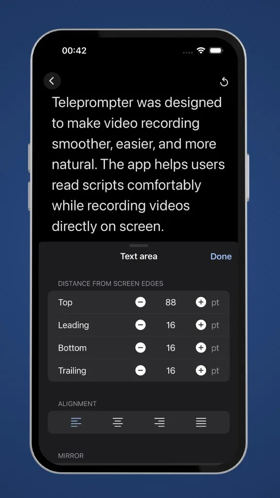 Fully customizable iPhone teleprompter with text area controls