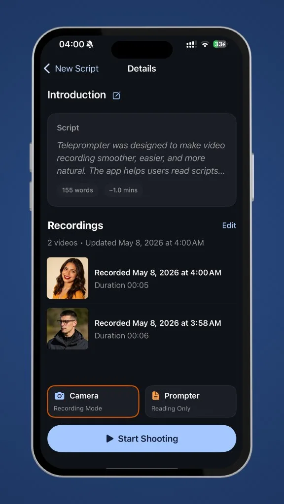 iPhone teleprompter script Details with recordings list and Camera or Prompter mode